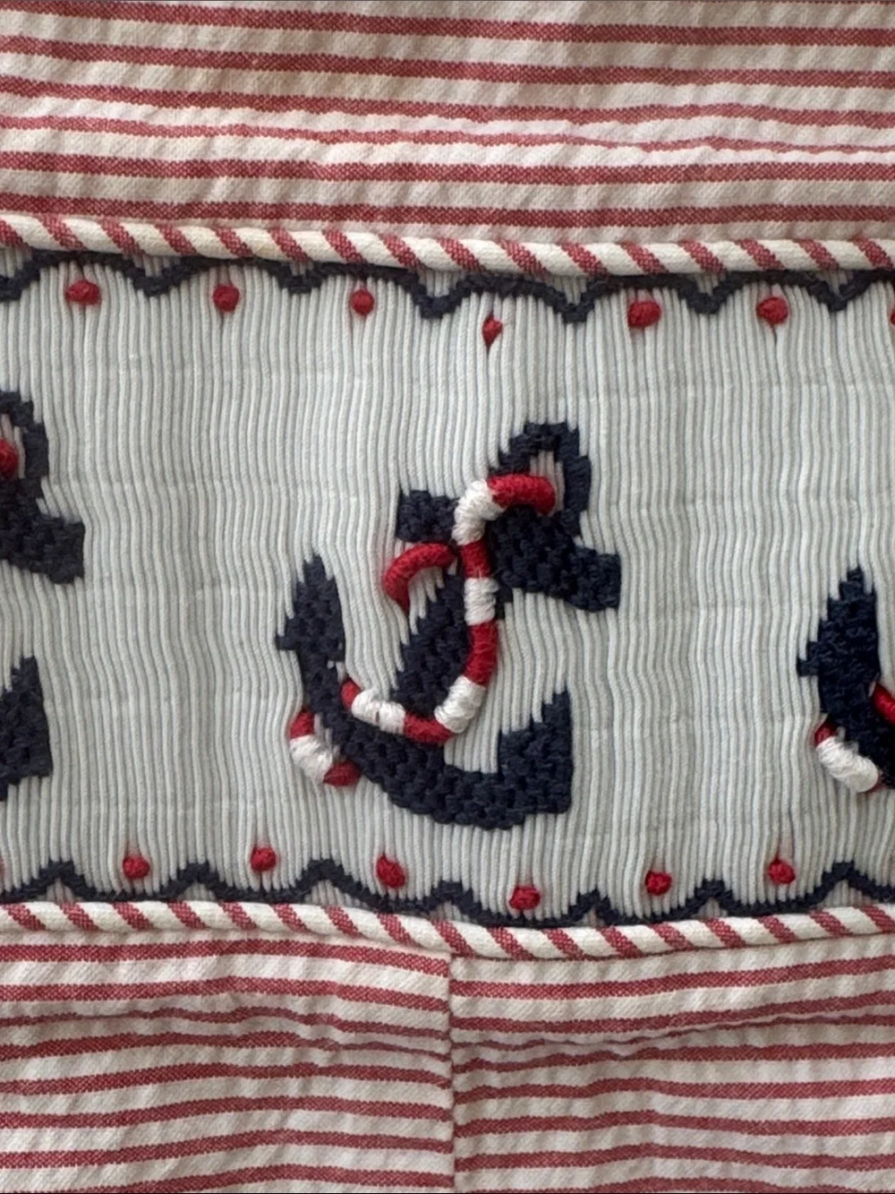 Little English Light Red Seersucker Smocked Shortall - Anchors